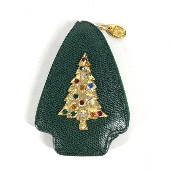 CELINE Rhinestone tree Coin Purse Coin Compartment Wallet Pouch Leather Green - Picture 1 of 8